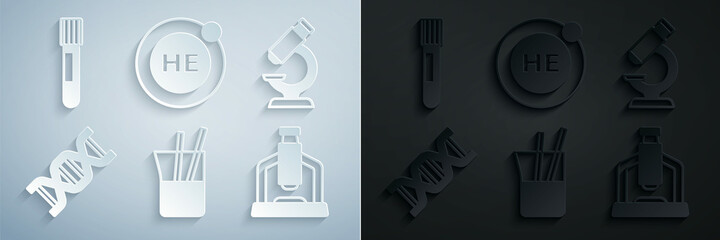 Sticker - Set Laboratory glassware, Microscope, DNA symbol, Helium and Test tube icon. Vector