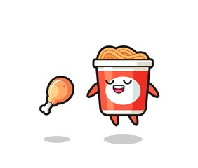 Sticker - cute instant noodle floating and tempted because of fried chicken