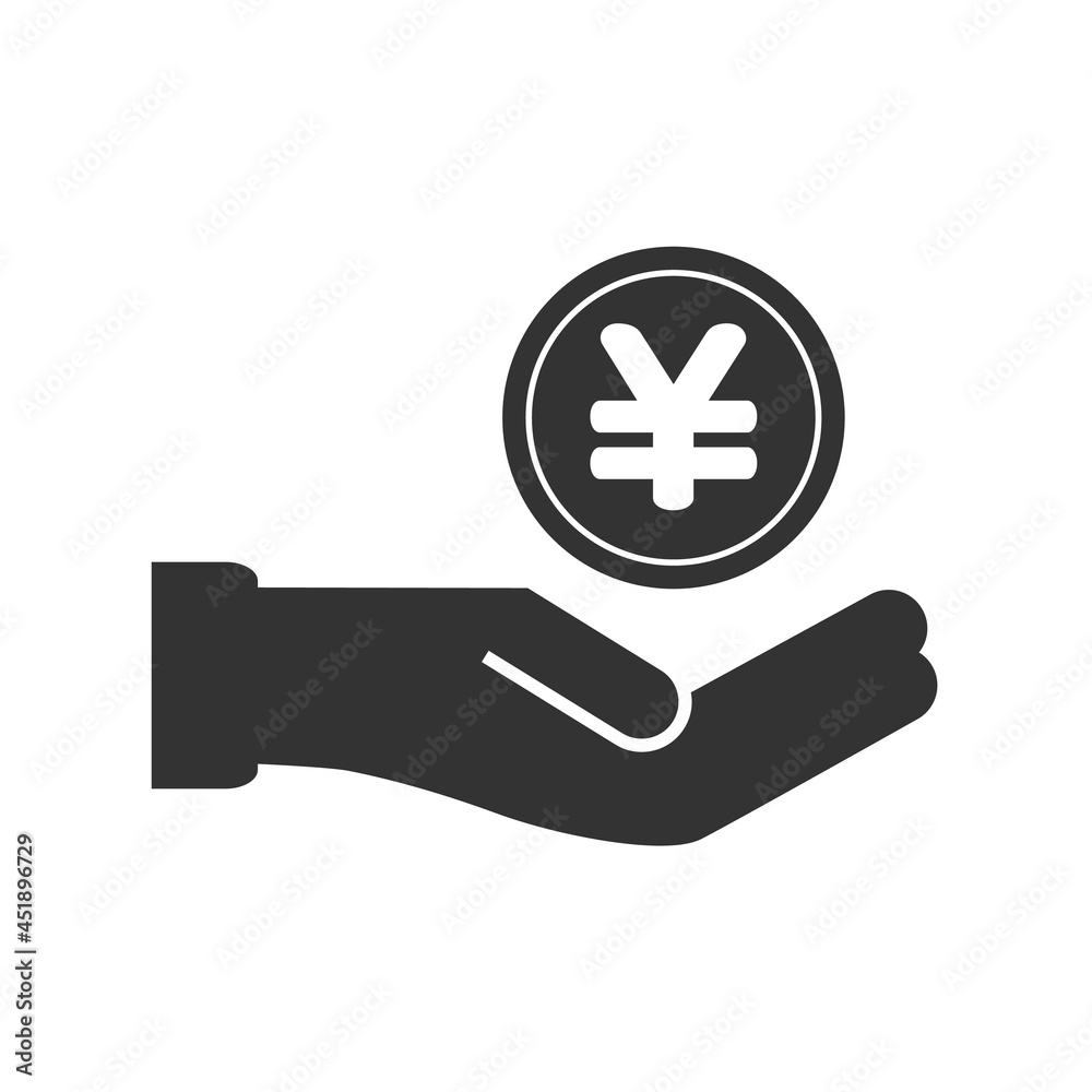 マーク入りのコインと手のアイコン - 白黒・白バック：円・収入・貯蓄・支払い・節約のイメージ素材 の Stock ベクター | Adobe Stock