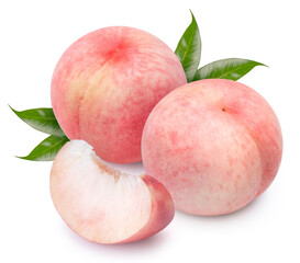 Wall Mural - peach fruit with leaf isolated on white background, fresh peach on white background with clipping pa