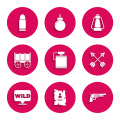 Poster - Set Canteen water bottle, Wanted western poster, Revolver gun, Crossed arrows, Pointer to wild, Wild covered wagon, Camping lantern and Bullet icon. Vector