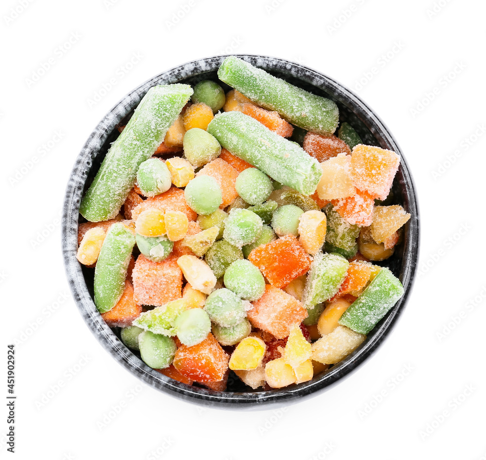 Bowl with mix of frozen vegetables on white background