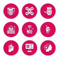 Poster - Set Robot, Software, Humanoid robot, Smart glasses, Error in, Mechanical hand and icon. Vector