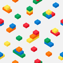 Building Block Brick Toy Like Lego, Seamless Vector Pattern, Colorful And White Background. Brick Toy Design Seamless For Fashion, Fabric, Print And Wallpaper.