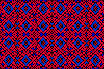 Ethnic tribal retro fashion fabric pattern black line mesh with red blue stripes seamless on red background.