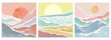 Mountain And Ocean Wave On Set. Abstract Contemporary Aesthetic Backgrounds Landscapes. Vector Illustrations