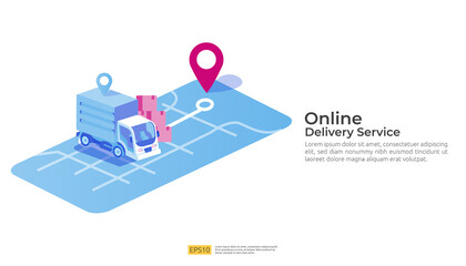 Online delivery service transportation illustration concept with warehouse parcel packages and map pin. order tracking, car, logistic cargo via Internet mobile phone or cellphone for landing page