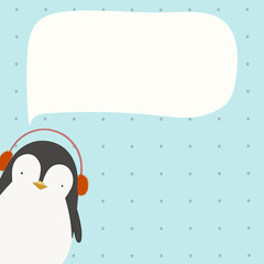 Sticker - Cute penguin listening to music notepaper background vector