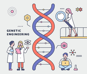 Wall Mural - scientists are working around a giant gene loop. vector design illustrations.