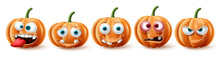 Halloween Pumpkins Vector Set. Halloween Pumpkin Character In Funny, Happy And Scary Facial Expression For Element Collection Isolated In White Background. Vector Illustration.