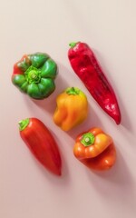 Five sweet peppers of different colors and sizes from your own garden lie on a pink background