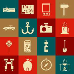 Sticker - Set Campfire and pot, Shovel, Cup of tea with tea bag, Open matchbox matches, Anchor, Car, Wooden log and Photo camera icon. Vector