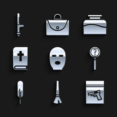 Sticker - Set Thief mask, Paint brush, Evidence bag and pistol or gun, Magnifying glass with search, Feather pen, Holy bible book, Inkwell and Police rubber baton icon. Vector