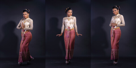 Full length body of 20s Asian Woman wear Thai Gold white traditional costume or Golden red wedding