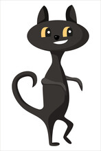 Black Funny Cat Crouching On Its Hind Legs. Cartoon Flat Vector Illustartion Isolated On White Background