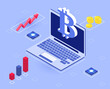 © Rudzhan - Cryptocoin mining farm concept. Analysis of growth of value cryptocurrency. Laptop with image of Bitcoin sign. Sales statistics. Isometric modern vector illustration isolated on blue background