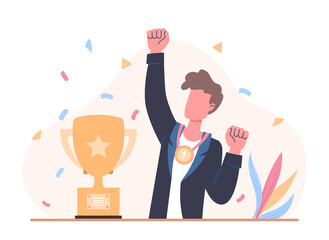 Concept of business success. Happy man with gold medal around his neck and winner cup. Champion or leader, triumph, prize award. Cartoon modern flat vector illustration isolated on white background