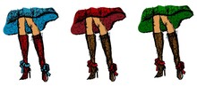 Vector set of rough colored sketches of female legs with high heel knee boots and skirt. Bright grunge fashion illustration