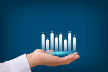 Poster - Businessman plan graph growth and increase of chart positive indicators in his business, showing holographic graphs and stock market statistics gain profits, Concept of growth planning 