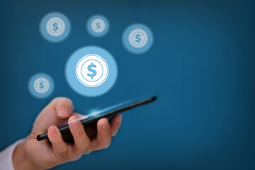 Poster - Hand holding smartphone with social network and money icon