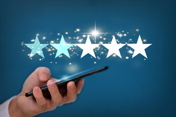Poster - Star rating and negative reviews concept, reputation management and customer relations, Positive feedback, writing online review with 5 five star rating, reputation management concept