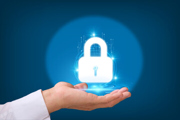 Poster - Data protection Cyber security Privacy business with hand pointing with internet Technology Concept, Futuristic cyber background with broken lock