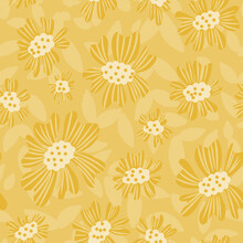 Mustard Yellow Floral Seamless Pattern In Hand Drawn Naive Style, Background With Flowers And Leaves