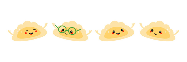 Sticker - Cute and smiling cartoon style pierogi, filled dumplings characters vector icons, illustration.
