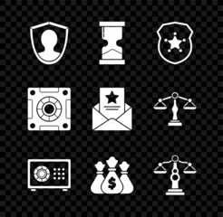 Wall Mural - Set User protection, Old hourglass, Police badge, Safe, Money bag, Scales of justice, and The arrest warrant icon. Vector