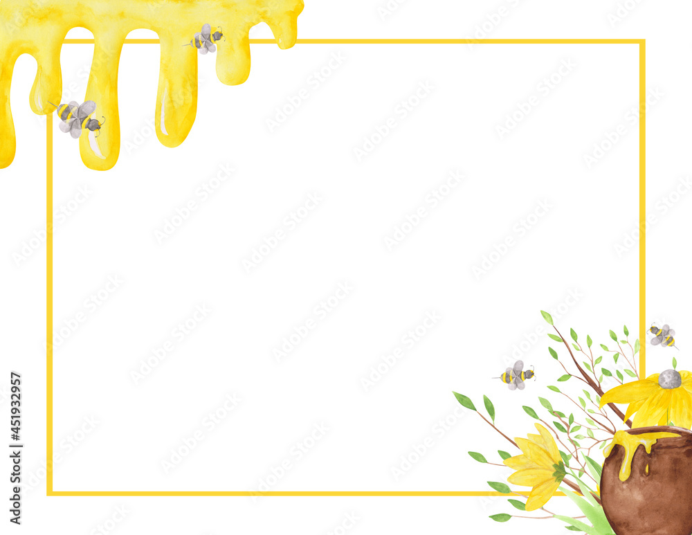 Empty square frame with watercolor honey pot, honey, and honey bees on a white background. Yellow honey objects template. Cute wreath for your design. Beekeepingframe.