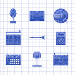 Poster - Set Clarinet, Music stand, Home stereo with two speakers, MP3 player, Drum machine, drum sticks, CD and Microphone icon. Vector