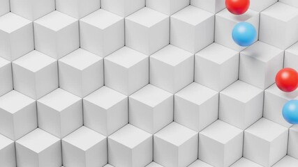 Fototapete - Two colored balls jumping and rolling down on white cubes. Abstract pattern-based background. 3D render loop. Can be used on web site, presentation, or as a loop background in video stands.