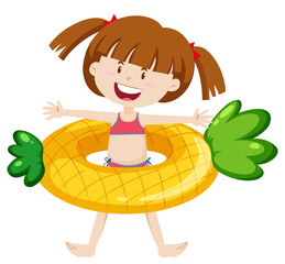 Poster - Cute girl with pineapple swimming ring isolated