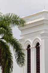 Poster - View of the building with white walls and the palm tree in Georgetown, penang island, Malaysia