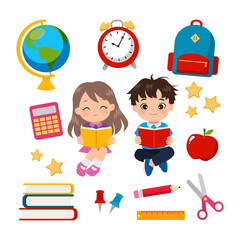 Wall Mural - Cute boy and girl reading book with set of school supplies