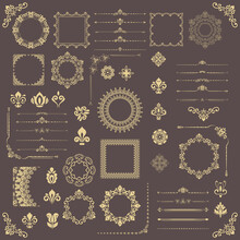 Vintage Set Of Vector Horizontal, Square And Round Elements. Golden Elements For Backgrounds, Frames And Monograms. Classic Patterns. Set Of Vintage Patterns