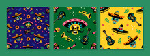 Day Of The Dead Patterns Collection. Seamless Vector Patterns With Traditional Mexican Mariachi Sugar Skulls, Sombrero, Flowers And Musical Instruments On Dark Blue, Green And Yellow Backgrounds