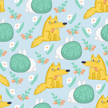 Seamless Children's Pattern With Yellow Wolves And Rabbits In The Bushes On A Blue Background For Creating Textures, Backgrounds And Textiles