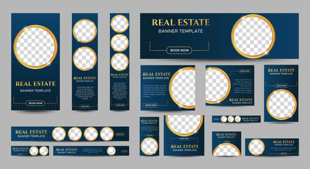 Real Estate web banner design template Set with blue background. Vertical, Horizontal and Square banners with standard size and place for photos. Vector design EPS 10	