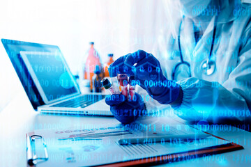 Virtual hospital, telemedicine, online medical, smart health, medical technology development concept. Doctor using digital tablet connecting with patient and health care icons on virtual screen