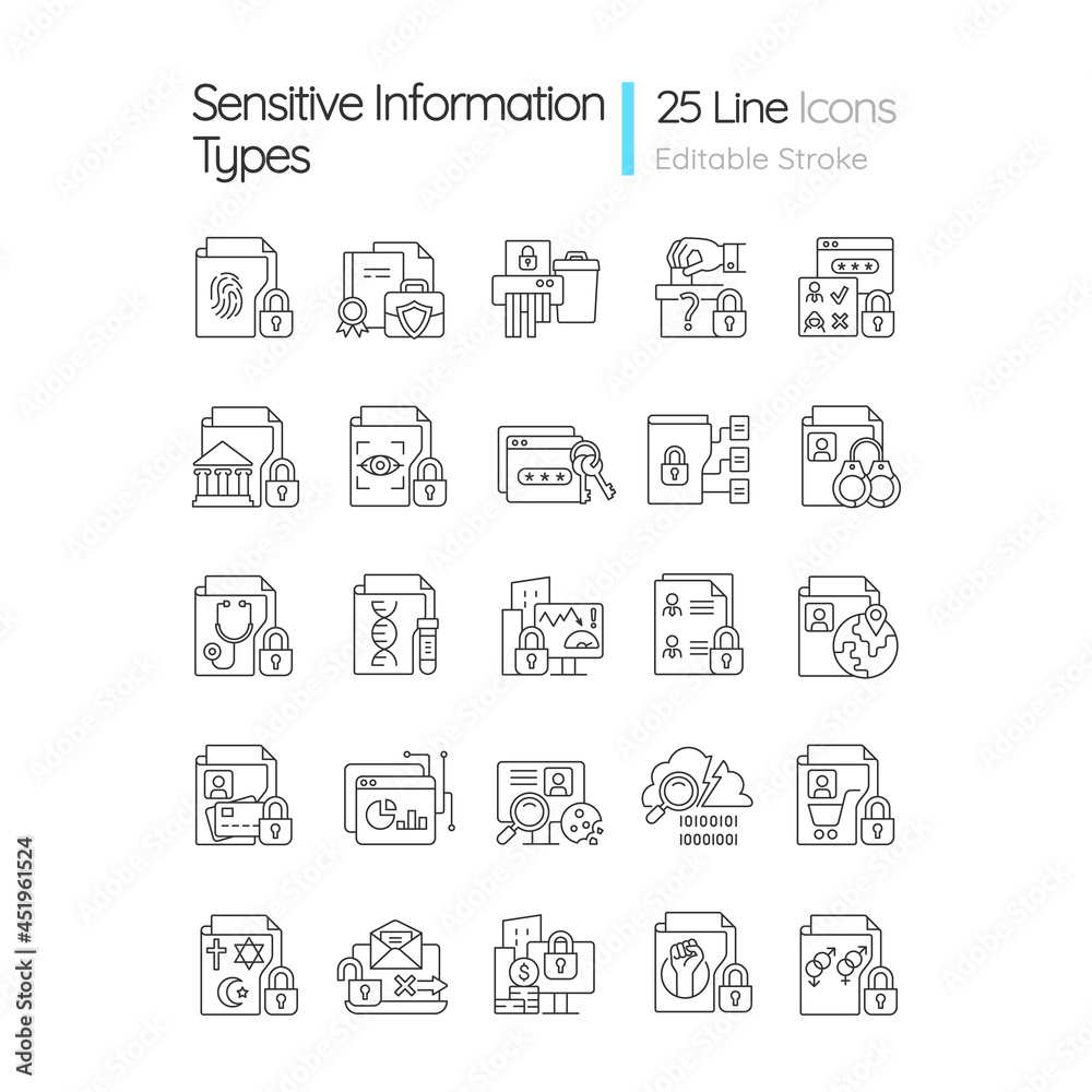 Sensitive information types linear icons set. Cybersecurity measure ...