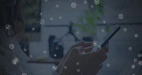 Poster - Animation of network of connections over woman using smartphone
