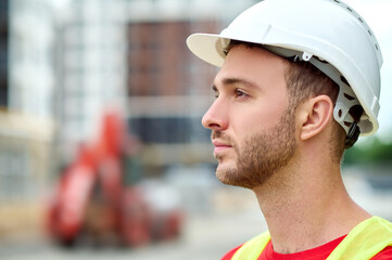 Poster - Thoughtful calm handsome bearded Caucasian builder looking away