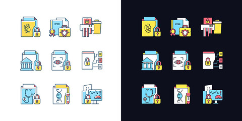 Sticker - Confidential information types light and dark theme RGB color icons set. Biometric data. Paper shredding. Isolated vector illustrations on white and black space. Simple filled line drawings pack