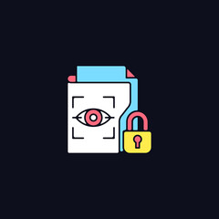 Sticker - Protected biometric data RGB color icon for dark theme. Personal information collection. Retina scan. Isolated vector illustration on night mode background. Simple filled line drawing on black