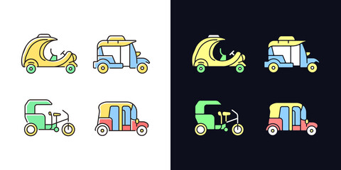 Poster - Transporting passengers business light and dark theme RGB color icons set. Coco taxi. Bangkok tuk-tuk. Isolated vector illustrations on white and black space. Simple filled line drawings pack