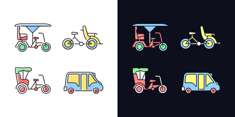 Poster - Vehicle for hire light and dark theme RGB color icons set. Three-wheel bicycle. Tourist transportation. Isolated vector illustrations on white and black space. Simple filled line drawings pack