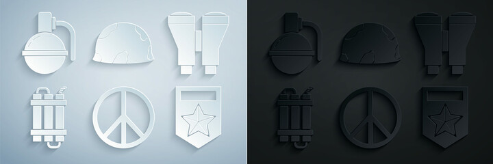 Wall Mural - Set Peace, Binoculars, Detonate dynamite bomb stick, Chevron, Military helmet and Hand grenade icon. Vector