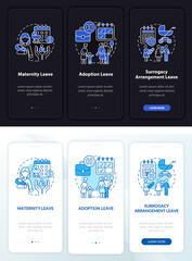 Maternity leave types dark, light onboarding mobileapp page screen. Walkthrough 3 steps graphic instructions with concepts. UI, UX, GUI vector template with linear night and day mode illustrations