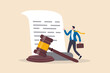 Legal document, attorney or court professional office, law and judgment approval paper concept, mature lawyer holding legal document with a gavel hammer symbol of court or judgement.